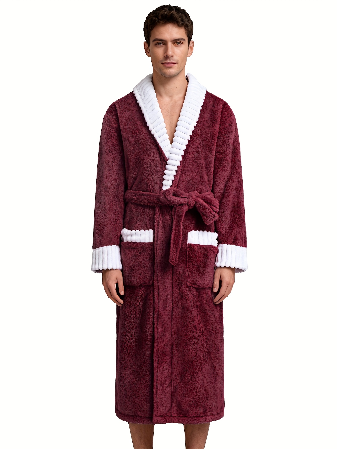 Men'S Thickened Flannel Robe - Long Bathrobe with Large Pockets, Soft Plush Texture, V-Neck & Belted Design for Fall/Winter, Perfect Gift for Him, Cozy Home Wear, Casual Sleepwear, Winter Robe | Vneck Robe | Plush Texture Robe
