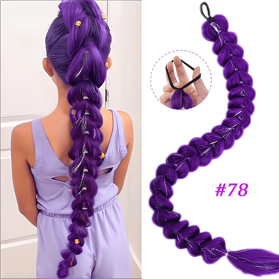 Image of 1pc Purple Bubble Braid Hair Extension, High-temperature Resistant Synthetic Braided Ponytail Wig, Cute Long Lantern Braid Hairpiece For Daily, Party, Cosplay