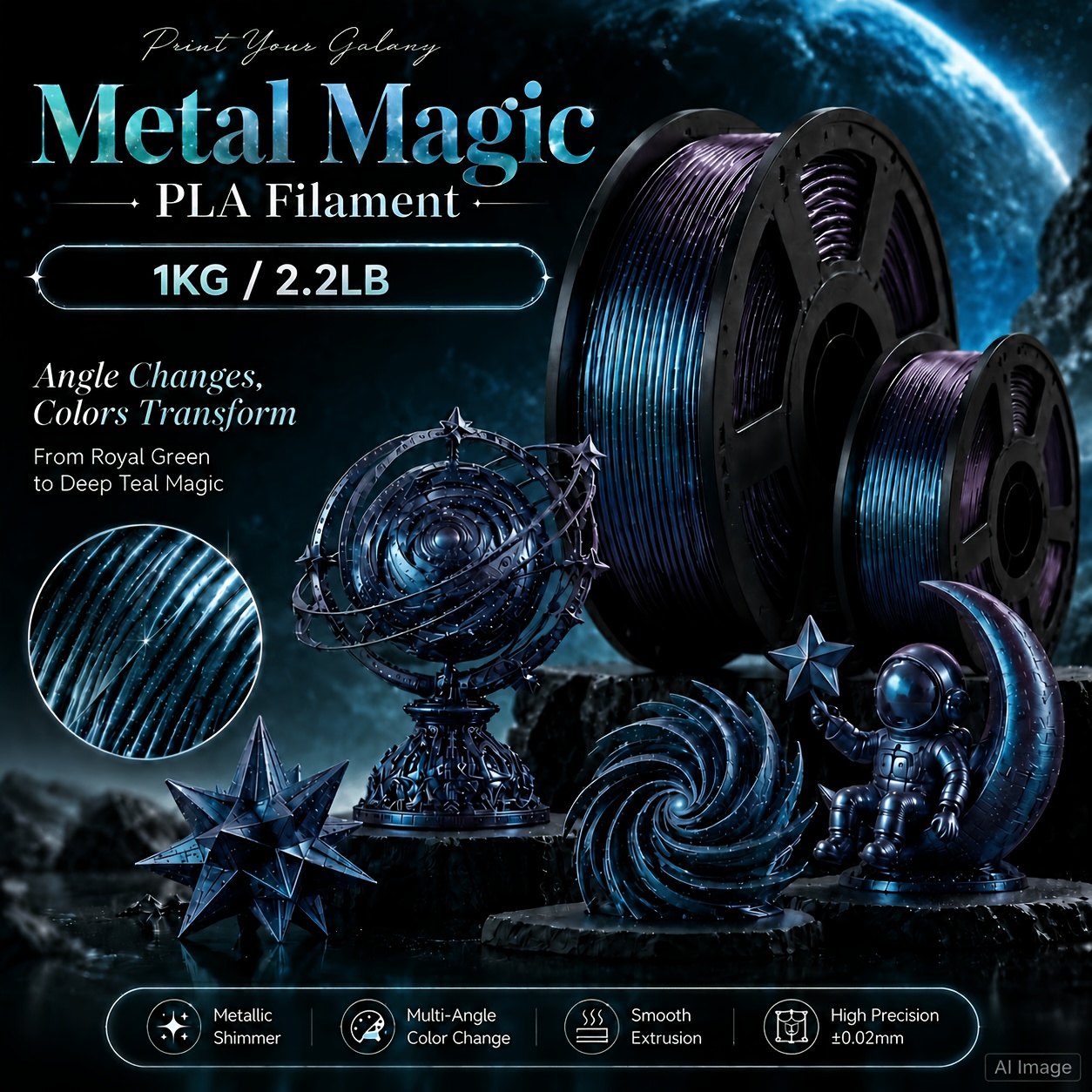 TEMU 3d Pla Filament Chameleon .75mm, Angle From Royal Deep Teal, Metallic Sparkling Finish, Smooth Printing, 250g/0.55lb Spool Options