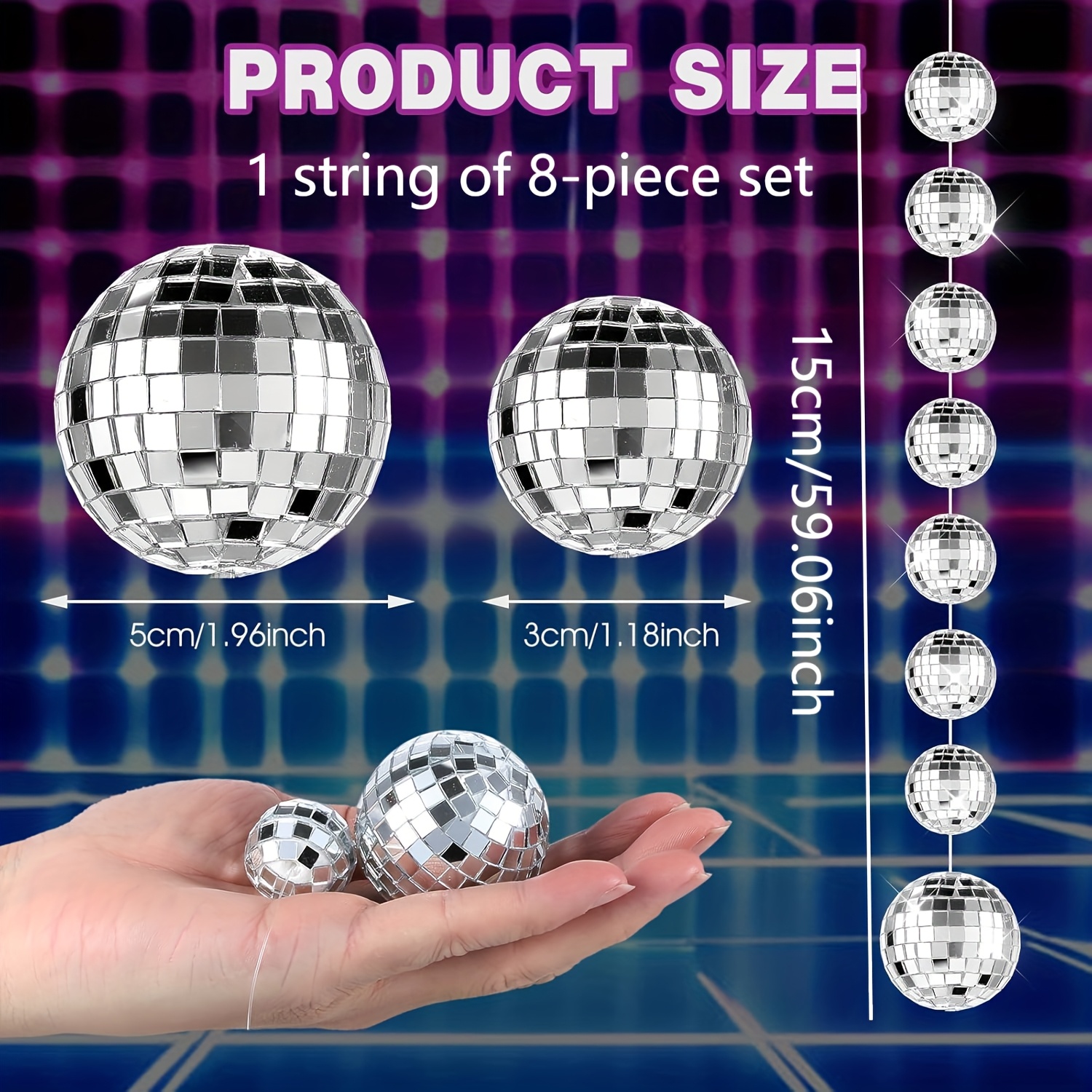 Image of 8pcs 4.9 Ft Disco Ball Party Decorations Mini Disco Ball Ornaments Silvery Hanging Ball Reflective Mirror Ball For Christmas Wedding 70s Birthday Party Supplies