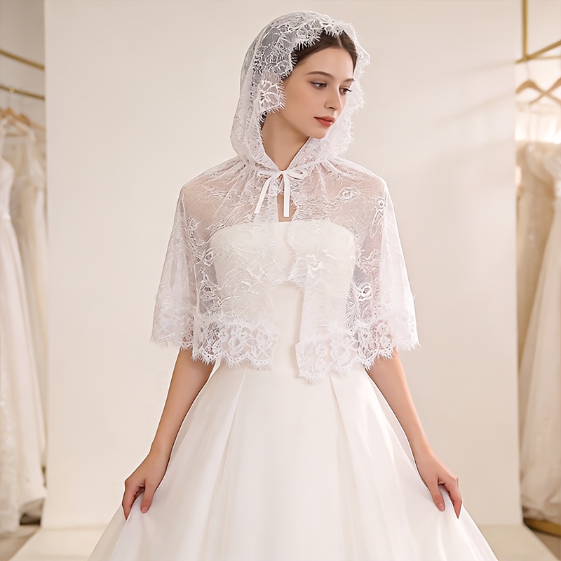 TEMU 1pc Lace Solid Color Bridal Veil White Embroidered Wedding Shawl Hollow Veil Cape Women's Wedding Accessory