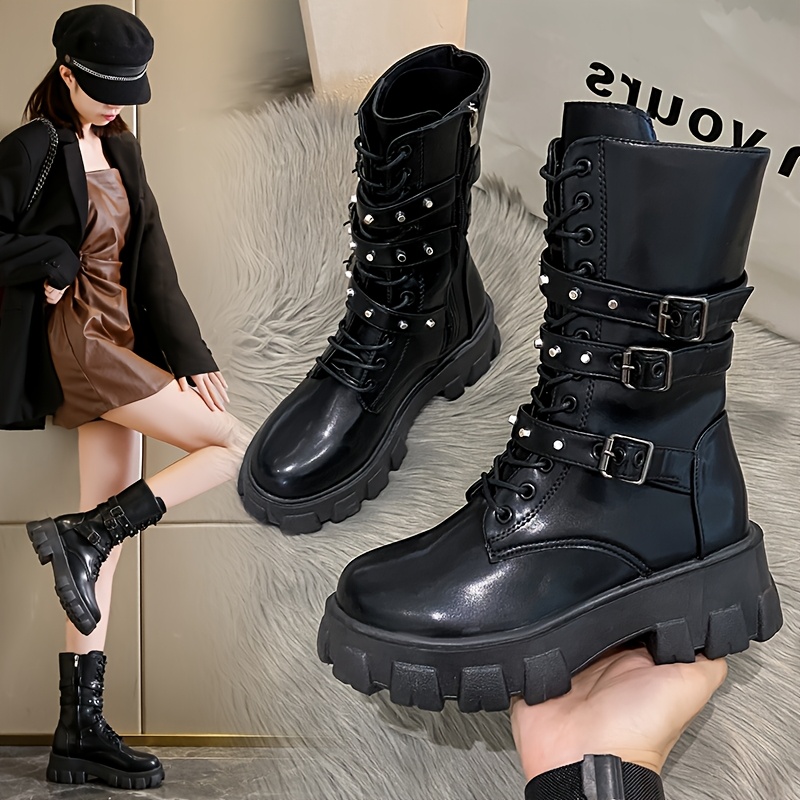 

Chic Women's Mid-calf Motorcycle Boots With Plush - Round Toe, Belt Design, Cover, Casual Fall/winter Wear