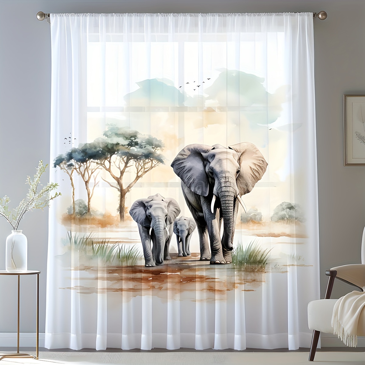 TEMU Migration Print Sheer Curtain - Lightweight, Washable Rod Pocket Window Treatment For Living Room, Bedroom, Office Decor