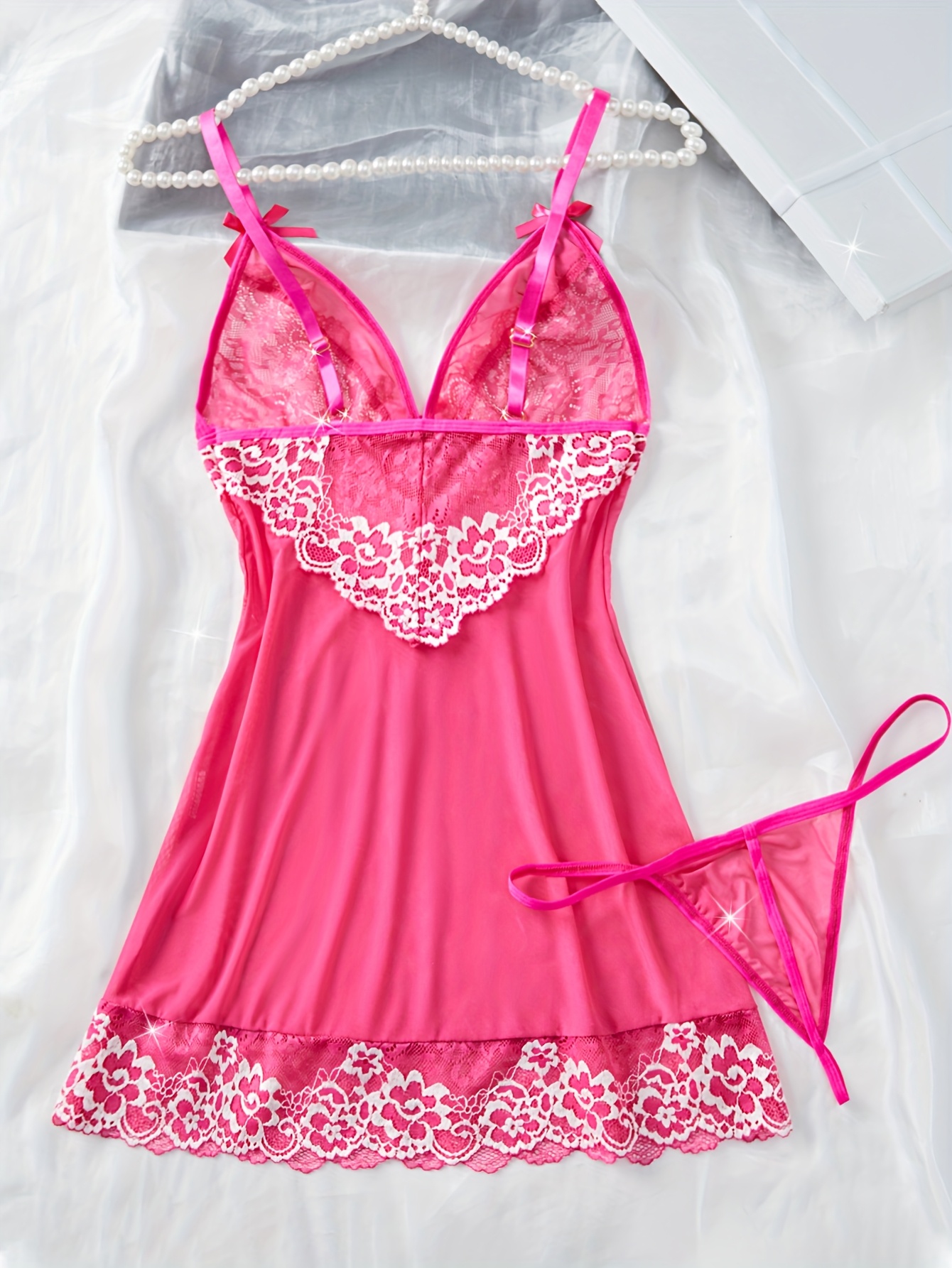2pcs Pijama Elegante de Encaje Semi-Transparente para Mujer - Vestido Sin Espalda con Lazo, Conjunto de Pijama Combinado para Todas las Estaciones, Lavado a Mano, Conjunto de 2pcs (No) - Ropa de Descanso Femenina
