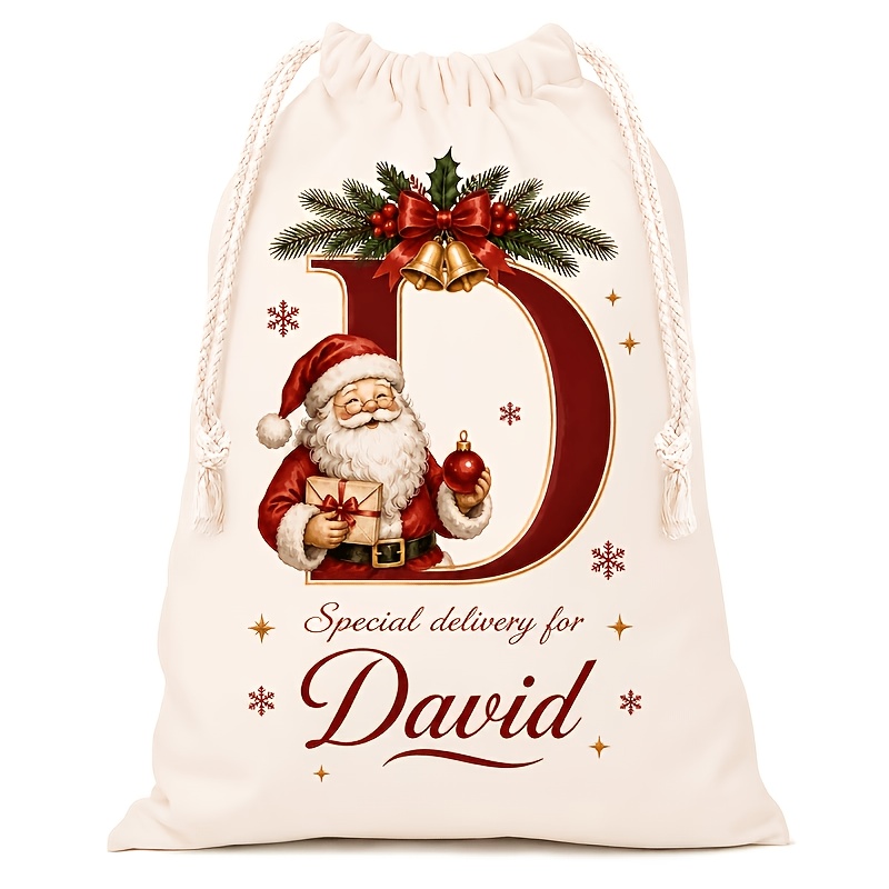 TEMU Personalized Initial And Name Christmas Canvas Gift Bag, Customizable Initial, Custom Large Santa Claus Patterned Cloth Bag, Personalized