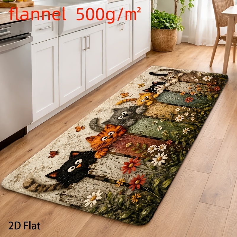 TEMU 2d Flat Cute Kitten And Floral Pattern Floor Mat, Rug, Doormat, Carpet For Living Room, Bedroom, Kitchen, Bathroom, Balcony, , Porch, Office,