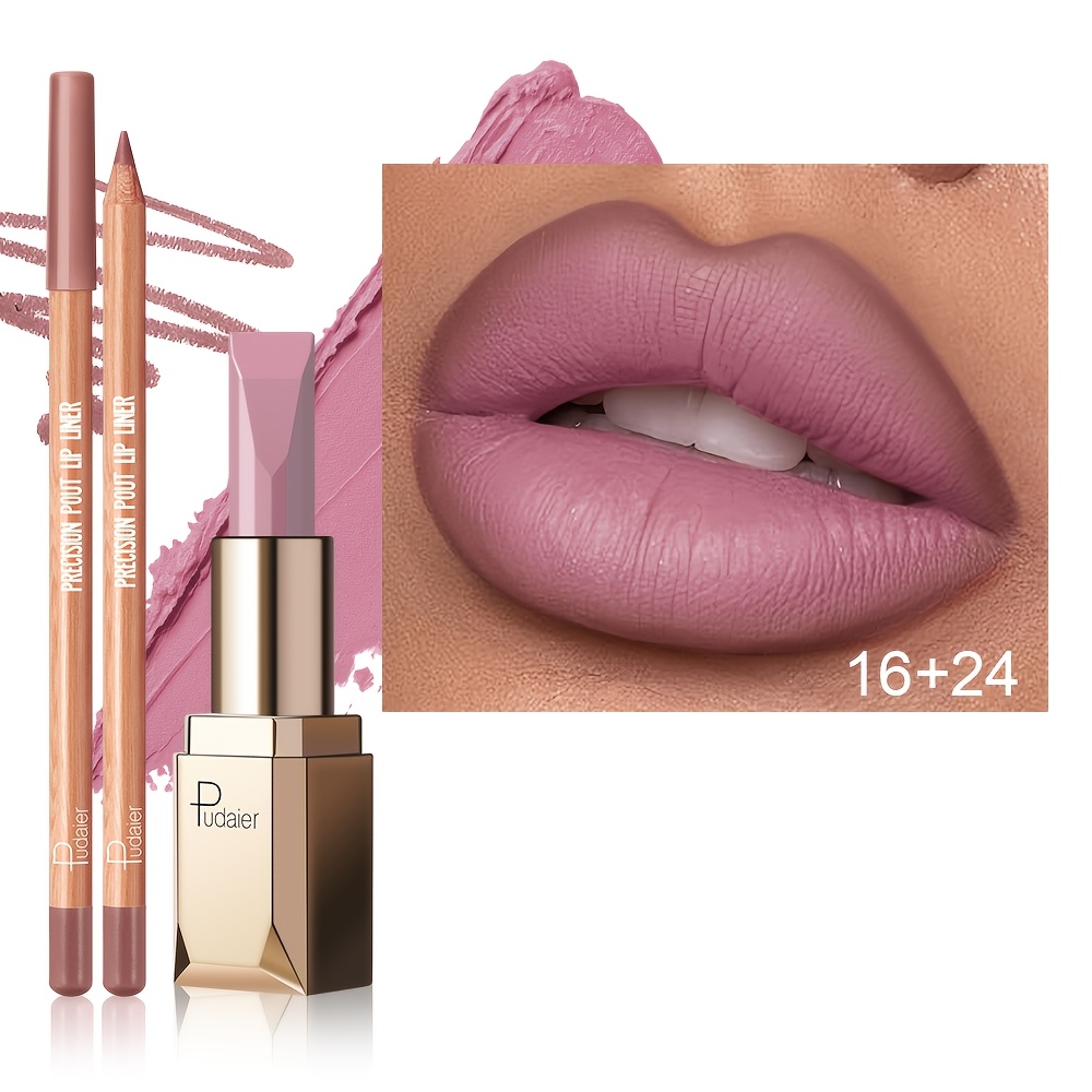 Pudaier 2pcs Lip Combo Set, Lipstick And Lip Liner - Lip Liner Pencil, Lipstick, 24-hour Wear, Semi-matte, Non-drying, Long-lasting, Waterproof. Suitable For All Beginners And Makeup Enthusiasts. Gift
