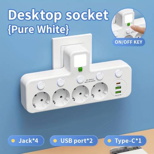 EU Power Strip Extension Socket with 4 AC Outlets and 2 USB Ports & 1 Type-C Charging Port, 2500W/10A, Suitable for Home, Office, , and Game Room