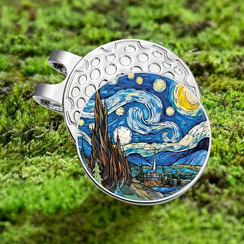 TEMU 1pc Van Starry Night Inspired Magnetic Golf Ball Marker - Night Sky, Strong , Durable Metal Hat Clip For Golfers - Perfect Gift For Art Lovers &