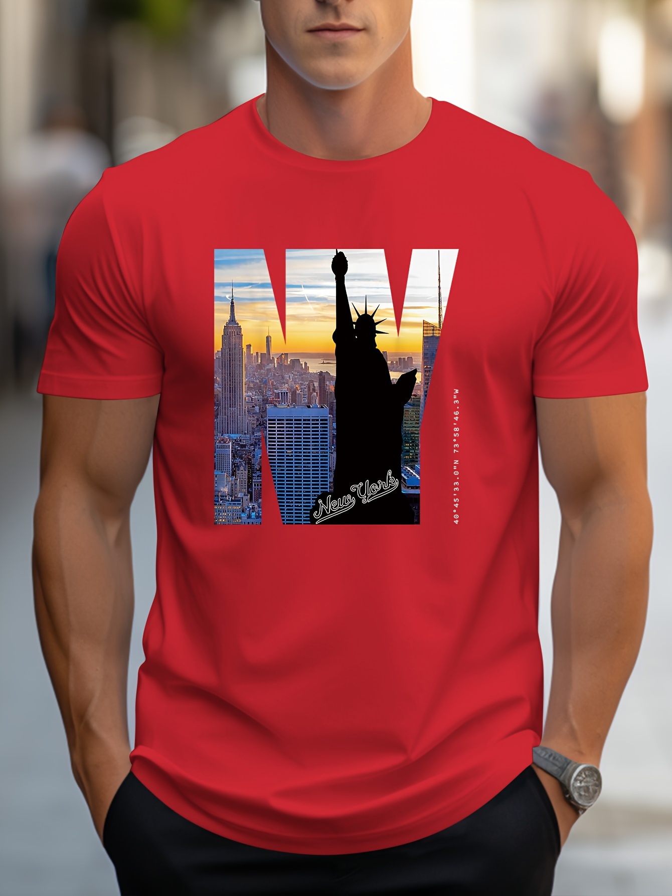 Men'S Casual Crew Neck T-Shirt with NY City Skyline Print, Alphabet Slogan, Polyester Knit Fabric, Slight Stretch, Regular Fit, Summer Wear - MBDMBD