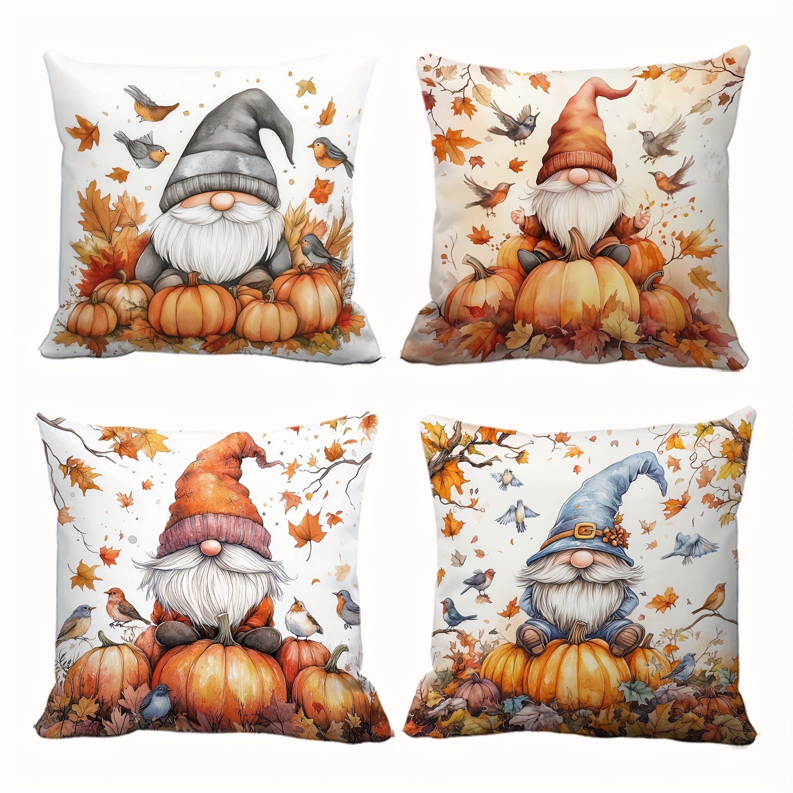 TEMU 4pcs Autumn-themed Pillow Covers With Gnome, Forest Elf, Pumpkin & &ndash; Home Decor, Holiday Parties, Gardens, Patios, Offices & Car Decor &ndash; Polyester, Zip Closure (no Insert), Gnome Garden Decor