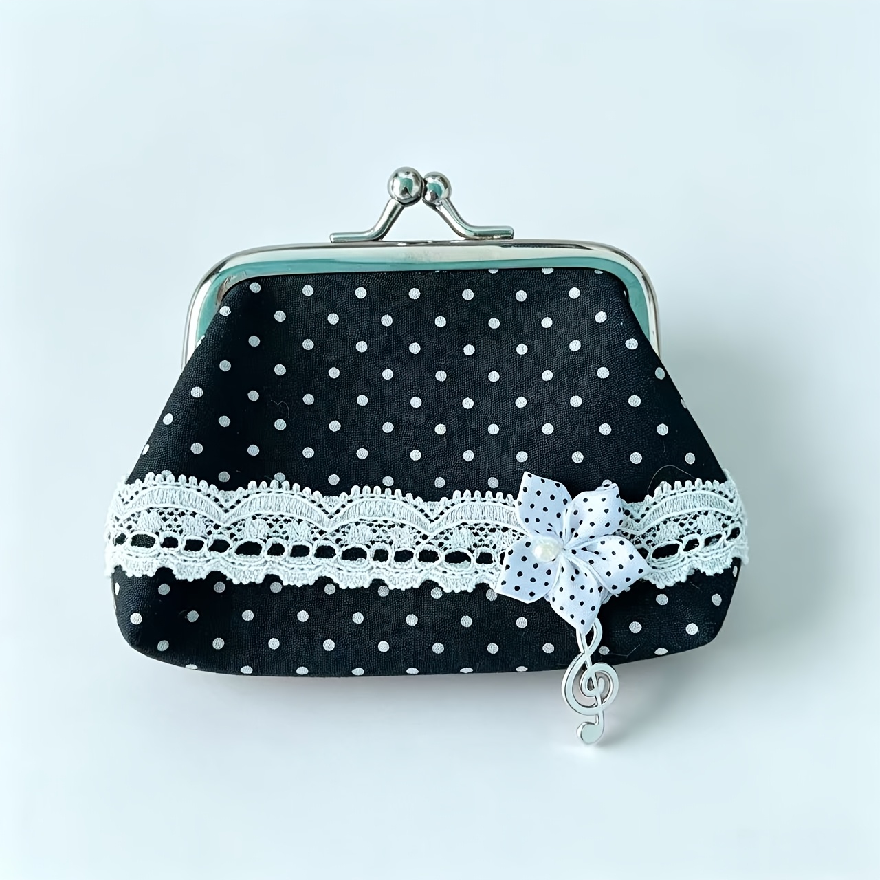 TEMU 1pc Vintage Lace Women's Mini Coin Purse, Cute Polka Dot Kiss Lock Card Case, Suitable For Key, Earphone And Lipstick Storage, Small Gift