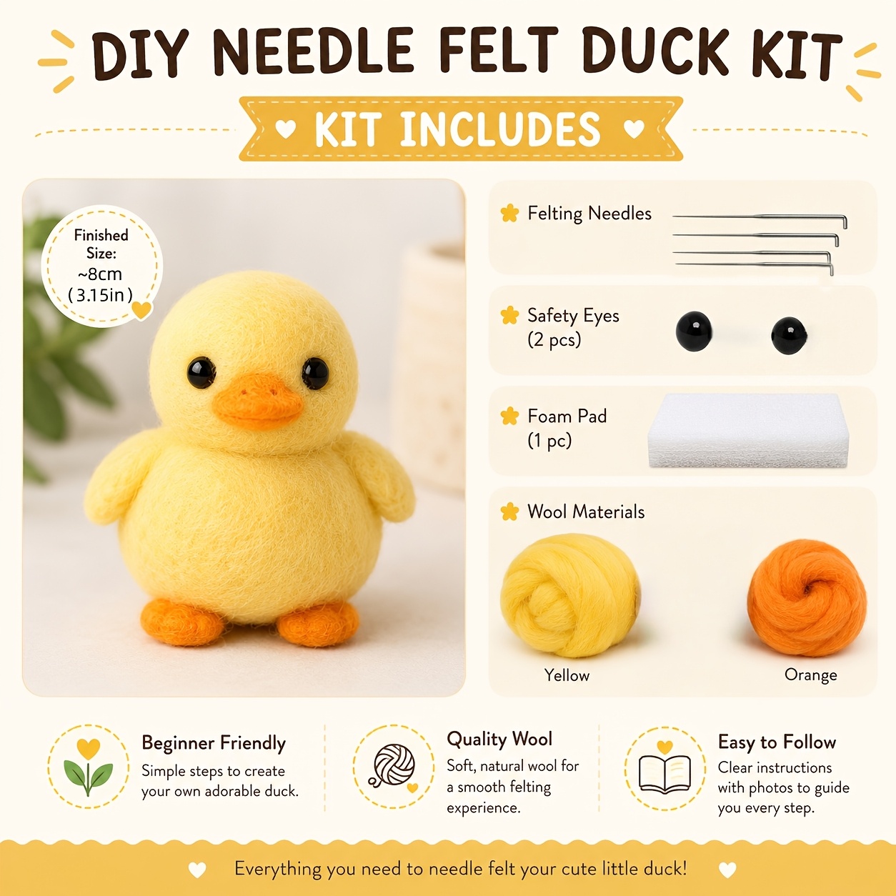 TEMU 1 Set Of Small Yellow Duck Needlework Kits, Beginner-friendly Adult Felt Kits With Tutorials, Animal Diy Felt Kits, Cute And Interesting Home