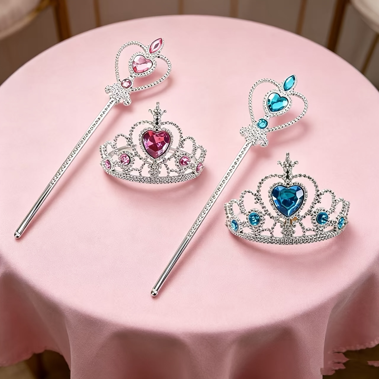 4pcs Pink and Blue Heart Rhinestone Crown Wand Set