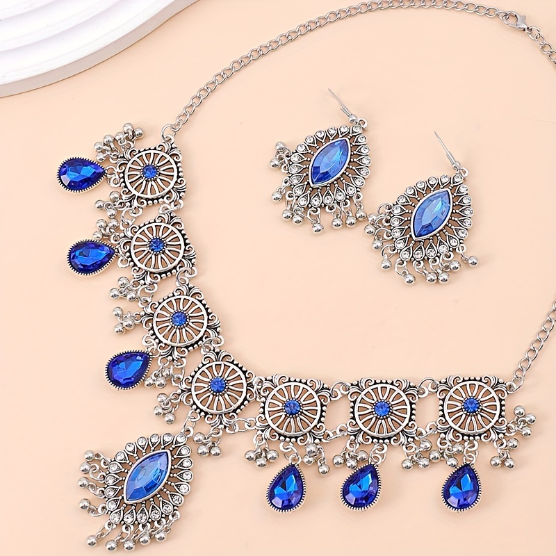 vintage exquisite flower pattern synthetic gems inlaid dangle earrings necklace luxury ethnic style silver plated jewelry jewelry set gifts for women gifts for eid details 8