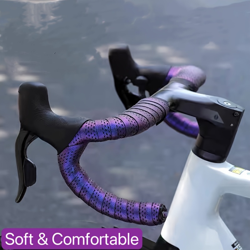 2pcs Soft Comfortable Road Bike Handlebar Tape Shock-Absorbing,  Non-Slip with Reinforced Grip, White with Purple Accents, PU Material for