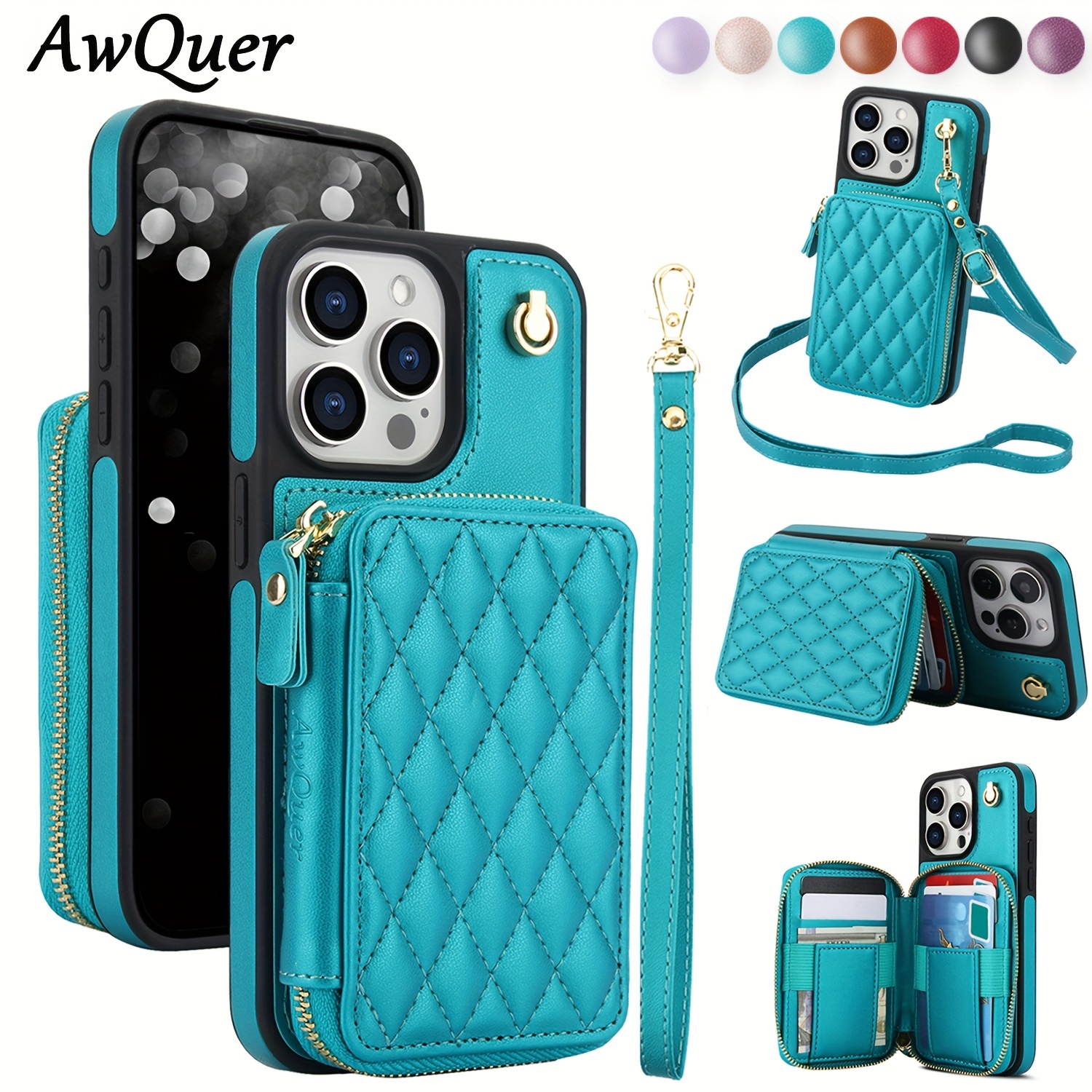 AWQUER Crossbody Faux Leather Case for iPhone Models 16E, 16, 15, 14, 13, 12, 11 Pro, X, XS Max, XR, 8, 7 Plus, SE 5G from 2024, 2022, And 2020, Featuring a Wrist Strap, Zipper Wallet, And Card Slot for Both Men And Women.
