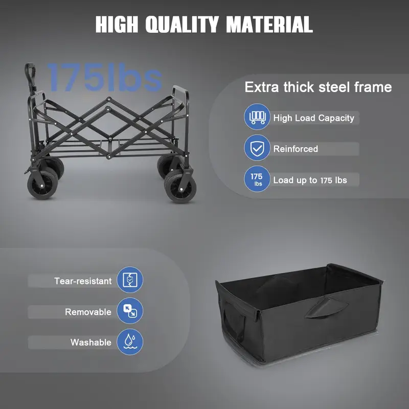 heavy-duty 79.38 kg capacity utility wagon cart with dual brakes - wheels, foldable design, large handle - sturdy metal frame for camping, beach, gardening, shopping, pet travel - portable hand truck (black/beige) - ideal gift for , garden tool carrier, camping gear transport, multifunctional design, reinforced design Product details 1