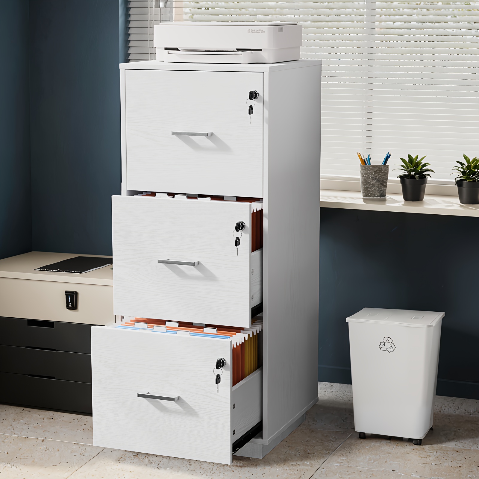 Bonnlo 3-Drawer Lockable File Cabinet - Wood Filling Organizer with 2 Drawers, 27