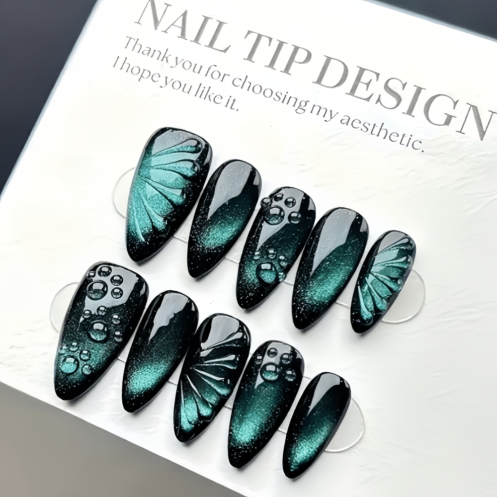 TEMU Rendez vos ongles plus beaux - 10 pièces d'extensions d'ongles œil de chat à coller faites à - Art d'ongle papillon œil de chat à dégradé vert