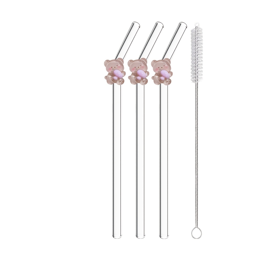 TEMU 4-6pcs Cute Bear-shaped Glass Straws Suitable For Drinking Water, Transparent Reusable Suitable For Parties, Themed Events, Gifts For &, Glass