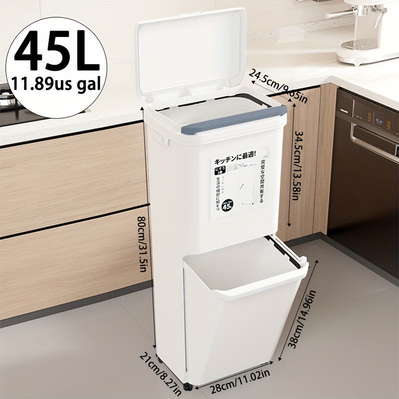45L/11.89-Gallon Heavy-Duty Plastic 2-in-1 Trash Can with Lid - Heavy-Duty Rectangular Dual Compartment Large Capacity Trash Bin with Wet/Dry Separation System, Space-Saving Modern Design & Sturdy Legs for Kitchen, Bathroom, Office - Ideal for Food Waste & Recycling (White/Black) - Easy-Clean Lid & Clear Labeling System, Durable & Hygienic Waste Sorting Solution for Dry/Wet Waste, Garbage Cans for Kitchen, Kitchen Bins for Rubbish And Recycling, Diaper Trash Can,