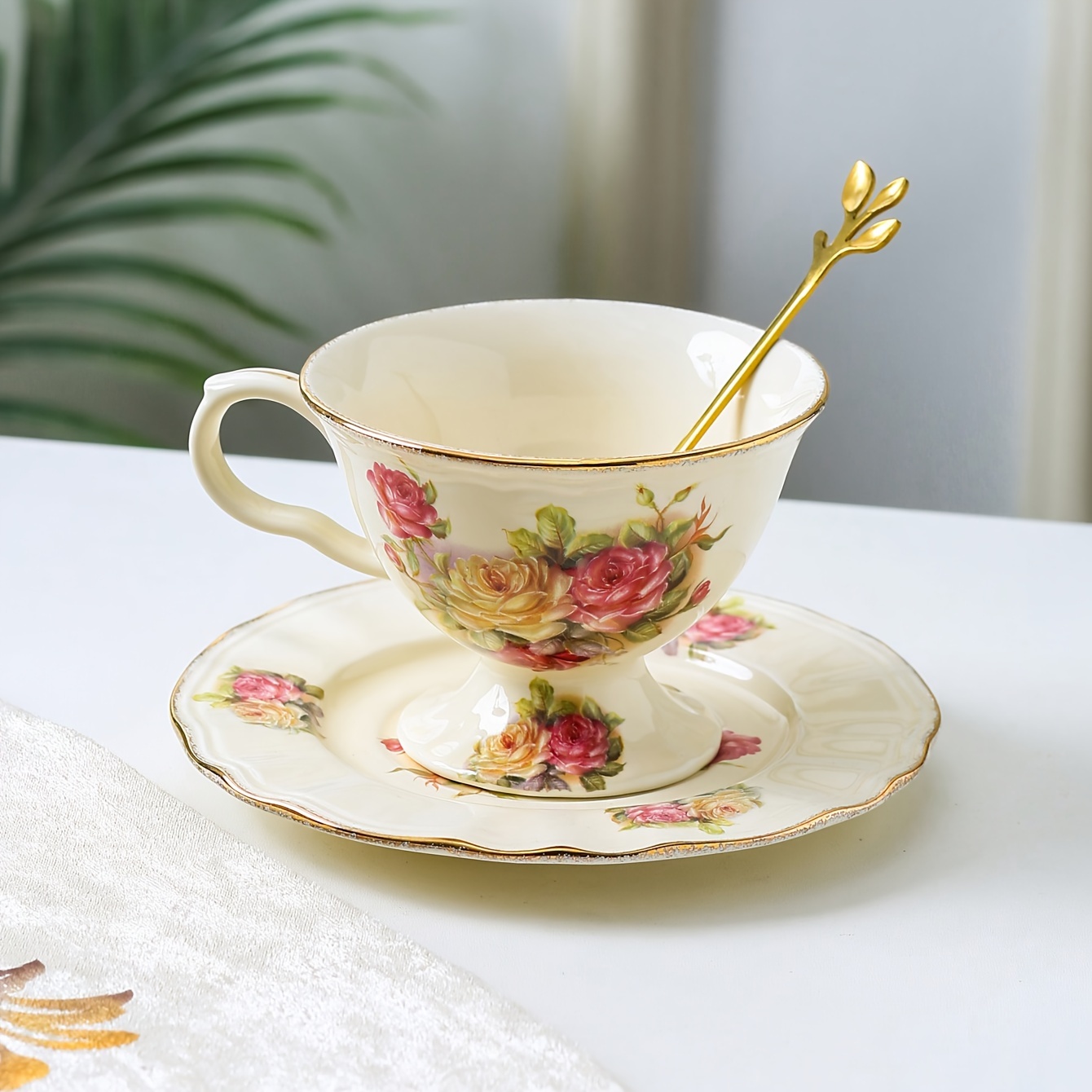 

Set, Coffee Cup And Saucer, Vintage European-style Footed Cup Golden Rim Flower Beautiful Household Outdoor Gift