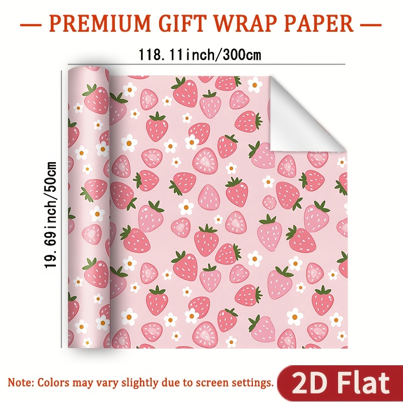 TEMU 1 Roll 2d Flat Strawberry Themed Wrapping Paper | Pink Background With Strawberry And Daisy Patterns, Glossy Paper, 118.11x19.69 Inches, Ideal