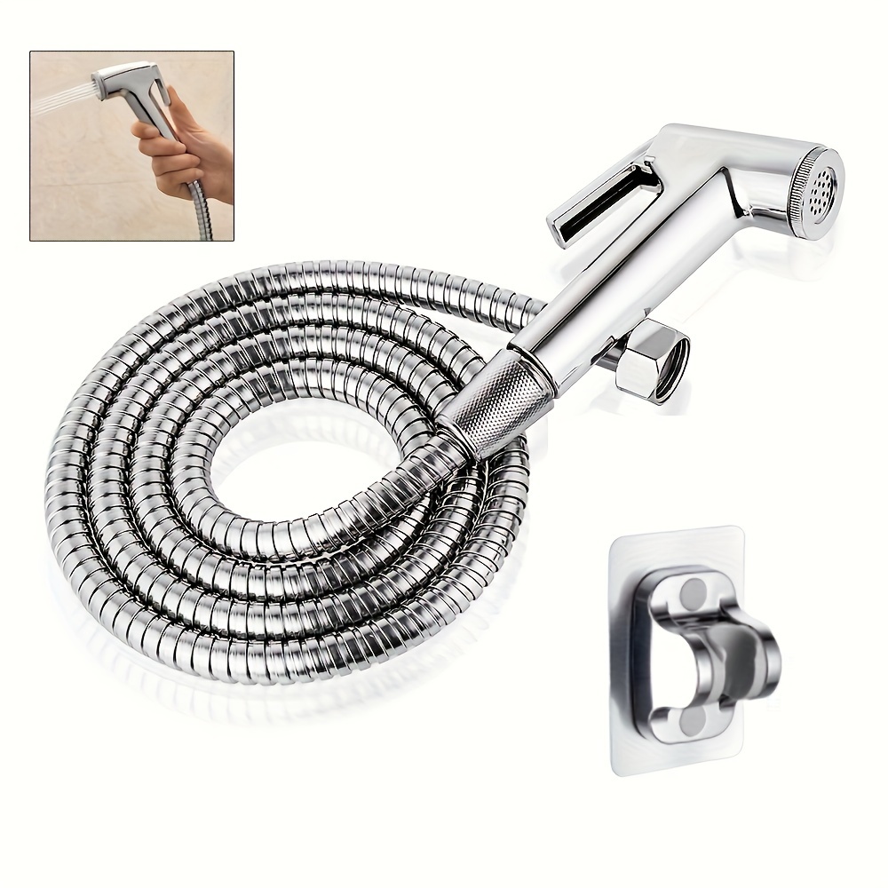 TEMU 1set Toilet Bidet Spray Set With Hose And Holder, Bathroom Handheld Rinsing Kit, Chrome Finish, Multifunctional For Personal Hygiene, Pet Shower, Car Wash, And Cleaning