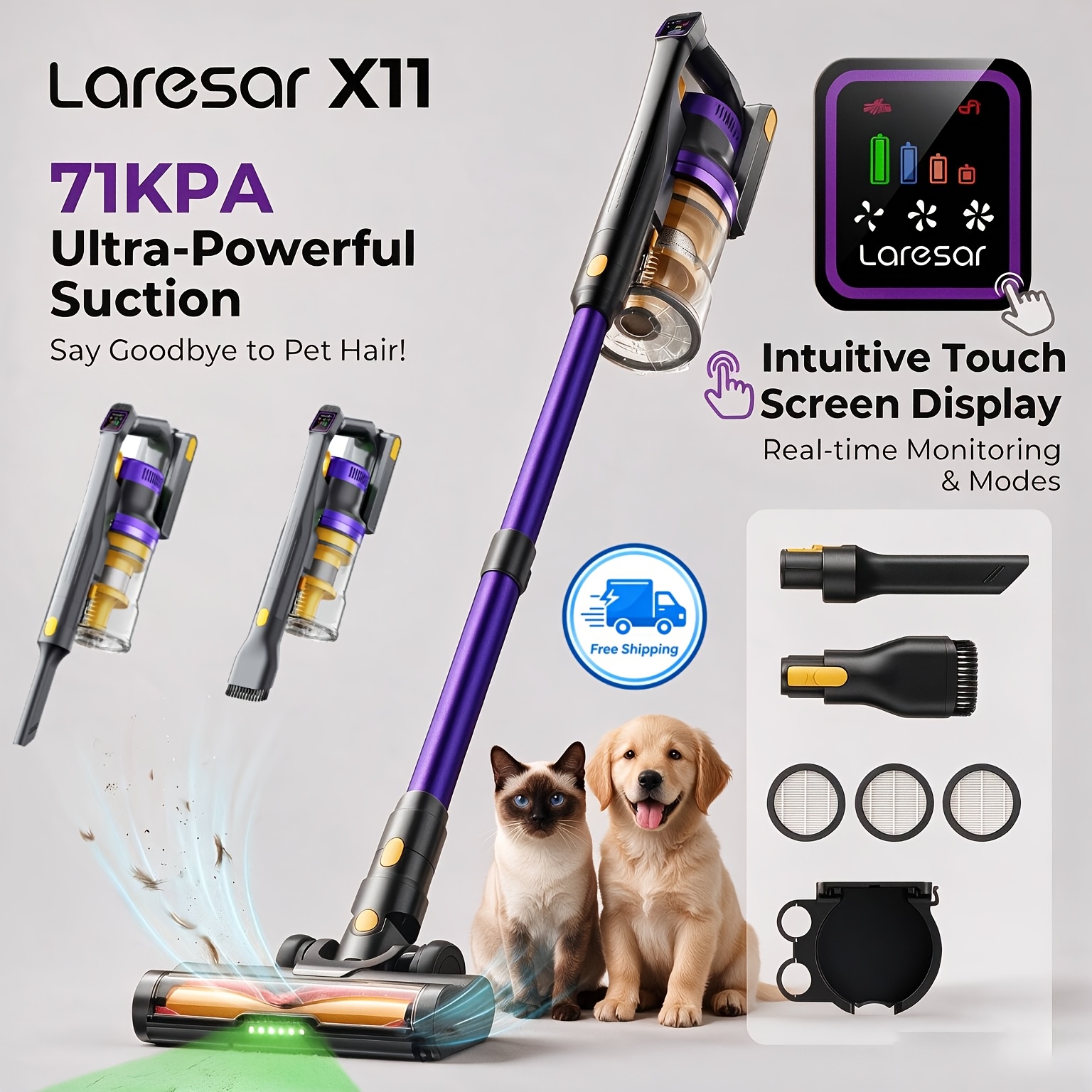 TEMU Laresar X11 Cordless Vacuum Cleaner, 71kpa For Home Vacuum Cleaner, 60-minute Stick Vacuum With Anti- Brush And Oled Screen And Brushless Motor,