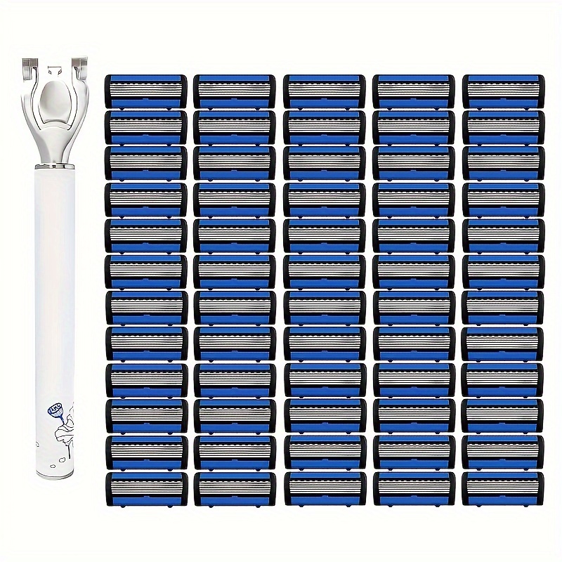 

A Safety With 60 Blades, Featuring 6 Blades, Suitable For Men's Shaving And Women's Hair Removal, With A Blue And White Porcelain Handle.