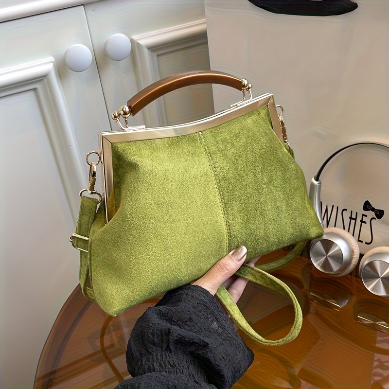 Green Faux Suede Kiss-Lock Clutch