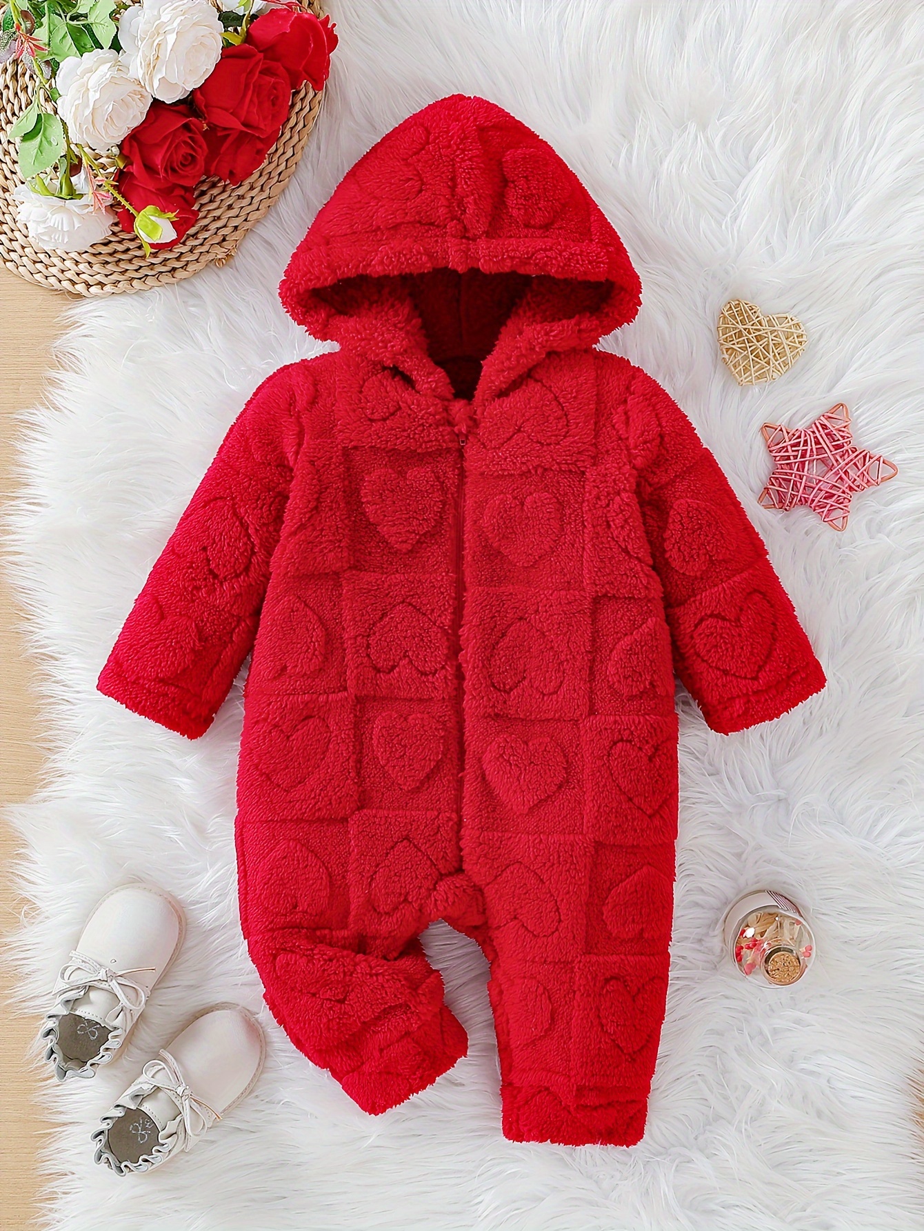 Baby Boy/Girl Letter Embroidered Thickened Fleece Lined Long-sleeve Hooded Jumpsuit