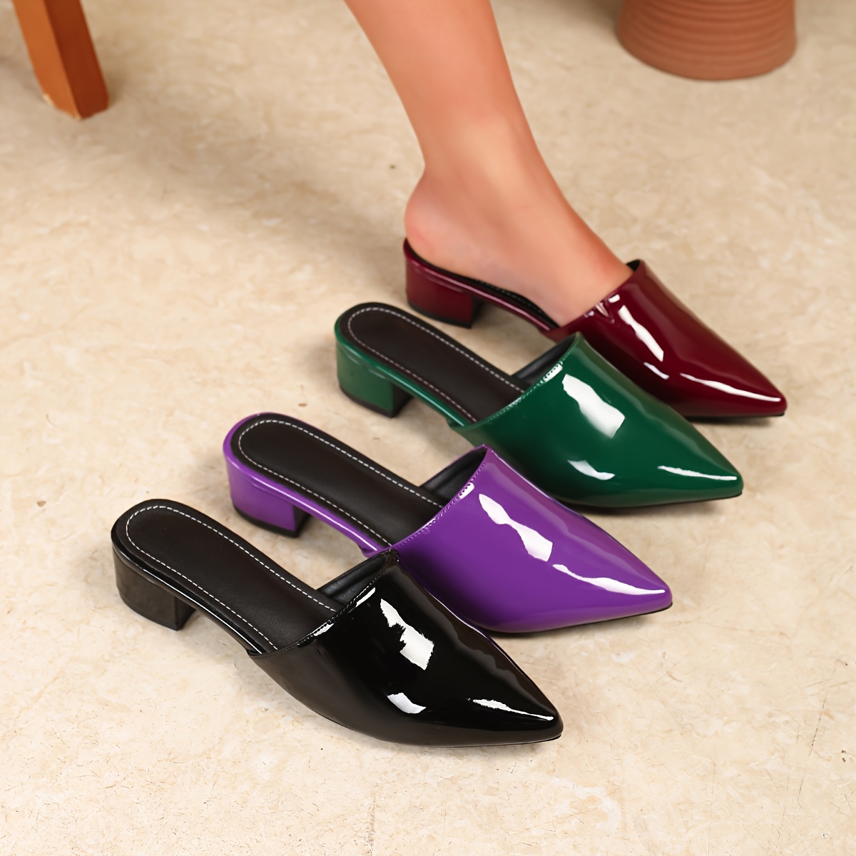 Women'S Elegant Pointed-Toe Mules Sandals Comfortable Slip-On High Heels  with Block Heel, Synthetic Cover TPU Sole Versatile Dress Sho