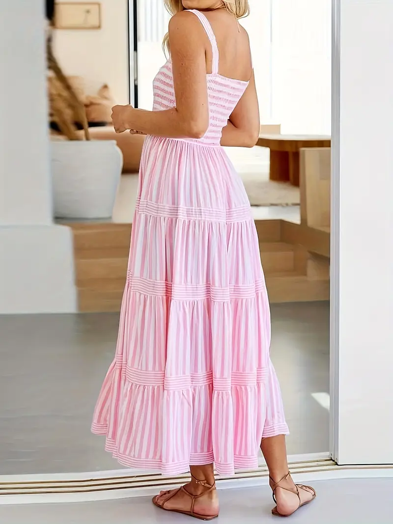 Women's Blue and White Striped Sleeveless Maxi Dress A-* Off-Shoulder Neckline, Flowy Polyester Fabric Spring/S