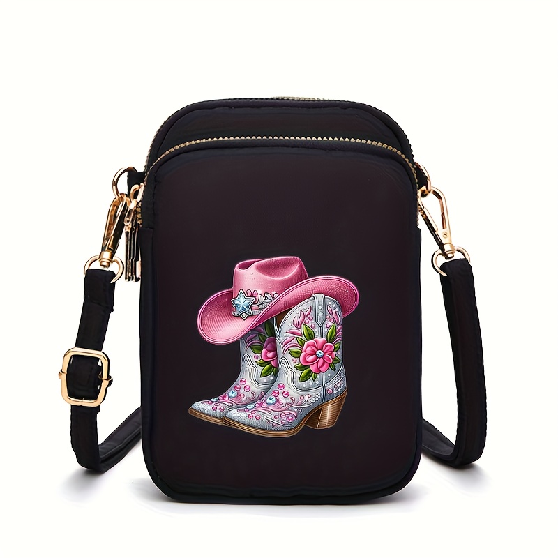 TEMU Sparkling Gem Design "boots, Hats" Print Crossbody Bag - Compact Oxford Cloth Multi-pocket Shoulder & Phone Bag With Golden Zipper, Adjustable