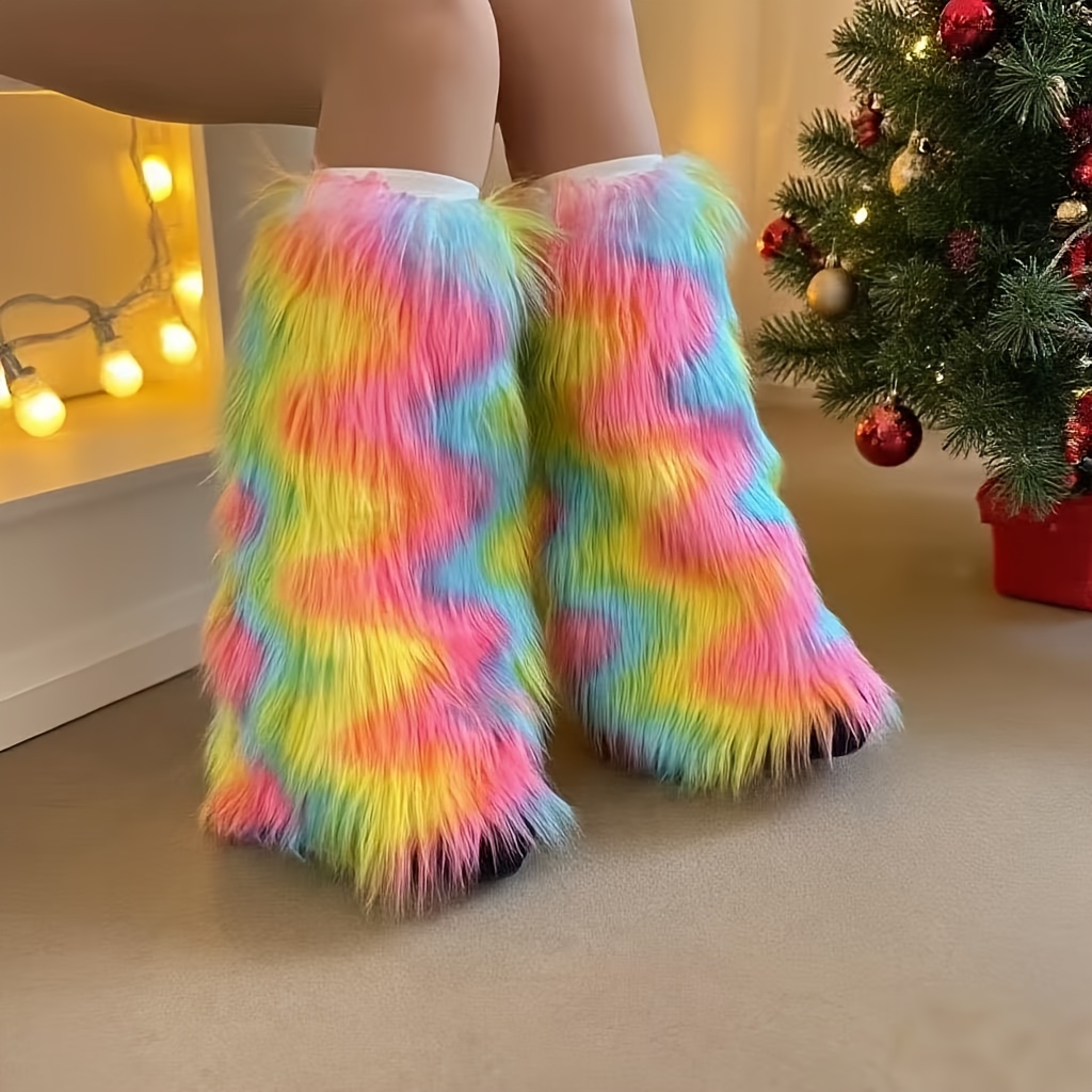 TEMU 1 Pair Of Autumn-winter Purple-black, Black-white, Colorful Plush Boot Covers, Flared Shoe Protectors, Over-the-knee Leg Covers, Winter