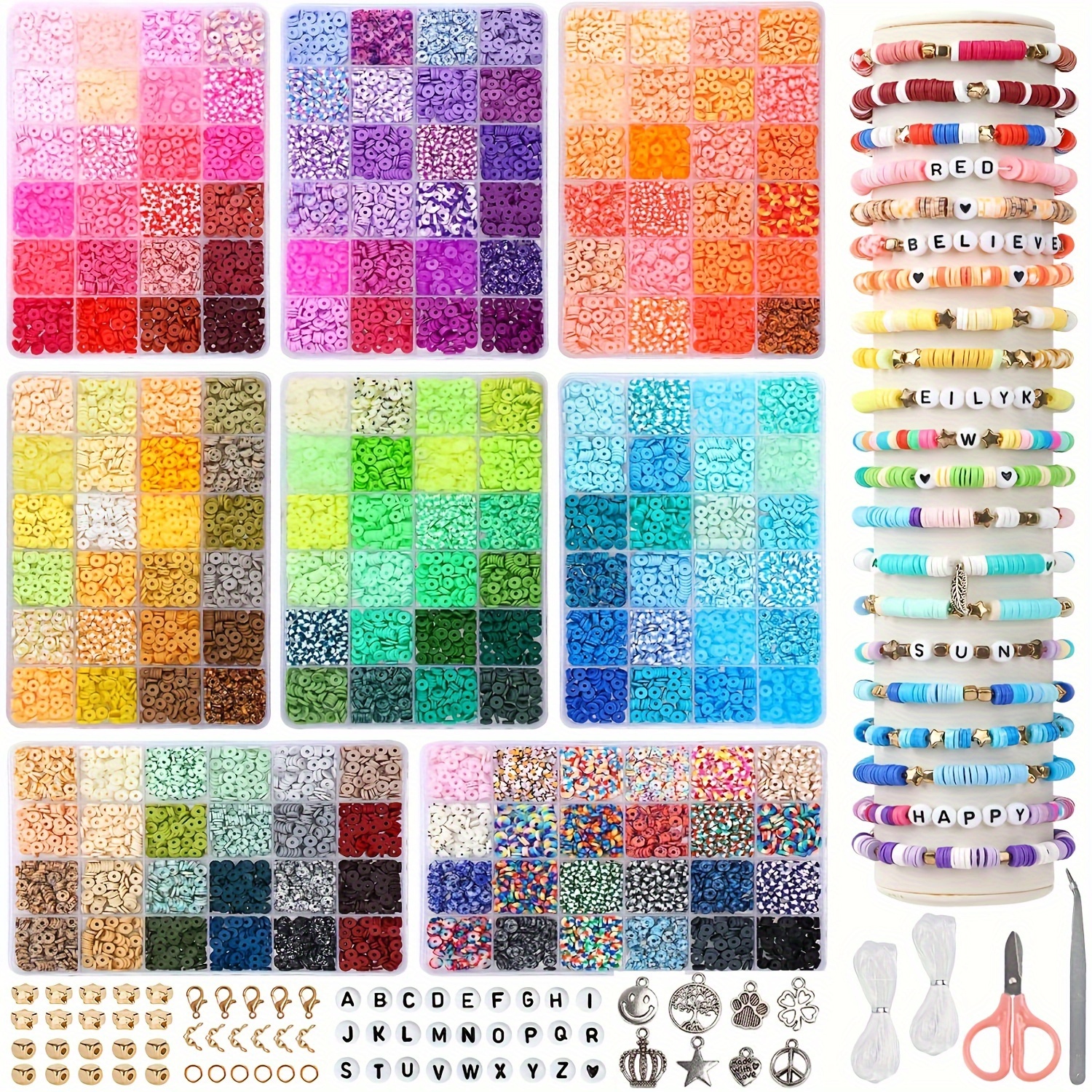 

Bracelet de perles d' de 25770 pièces, Kit de bracelet de perles d' de 192 couleurs, Perles de polymère de 6mm, Charme de perles de lettres et bijoux de corde élastique fabriqués