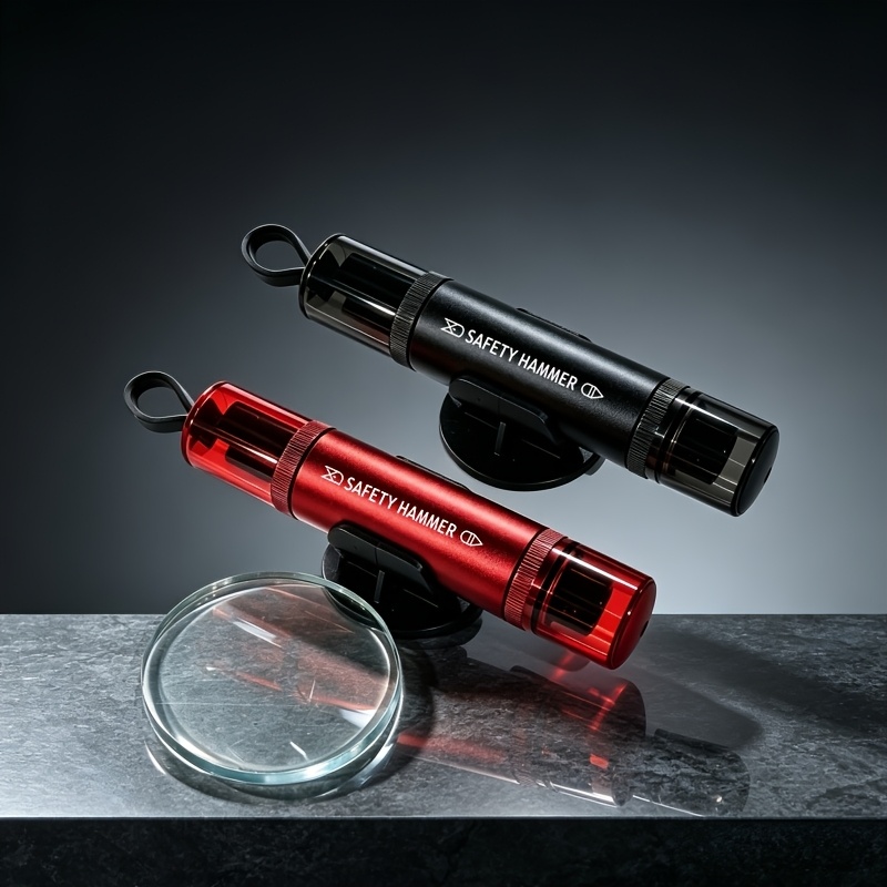 TEMU Black   Red 2pcs Aluminum Alloy Steel Head Window Breaker And Seatbelt Cutter With Test Glass And Holder | Portable Car Safety Tool | Window
