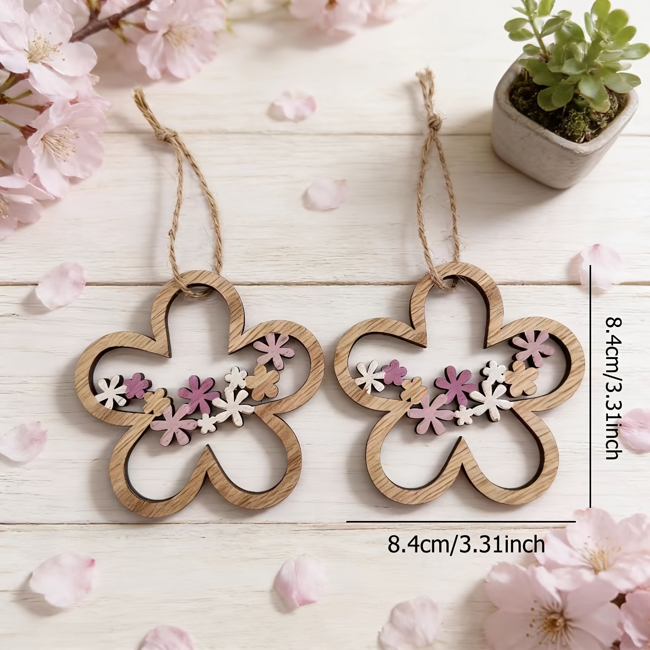 2pcs Festival Hanging Ornaments 3.31inch, Wooden Flower Hanging, Pink And Green, Hanging Wooden Decoration, Use For Spring Decoration, Easter Decoration