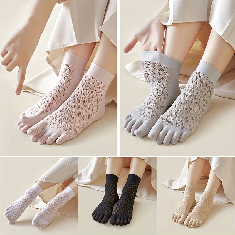 

1 Pair Women's Breathable Mesh Five-toe Mid-calf Socks, Sweat-absorbent Thin Design, Versatile Style For Spring & Summer