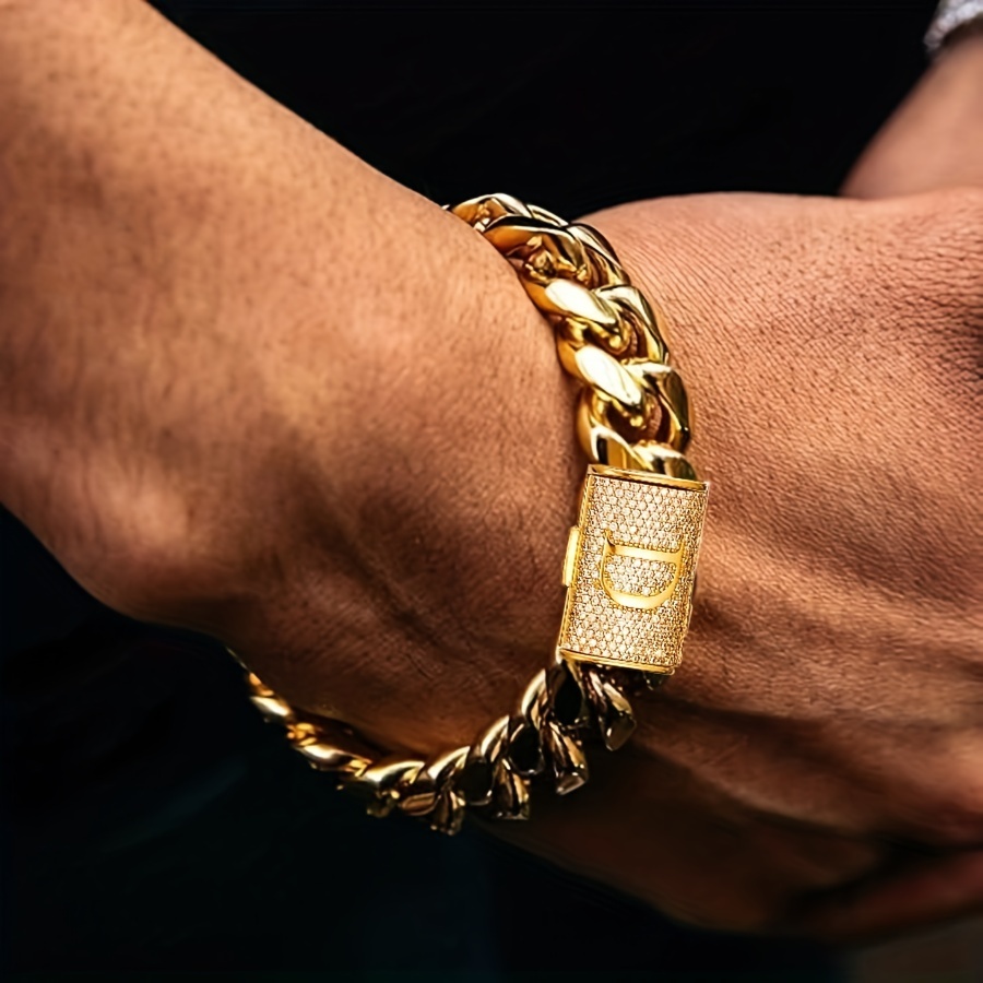 14k Yellow Gold Cuban Link Bracelets For Men Men's Miami Cuban Link Bracelet Set - 14k Rose Gold Plated Stainless Steel Chain Bracelet Gold Plated Bracelet Men