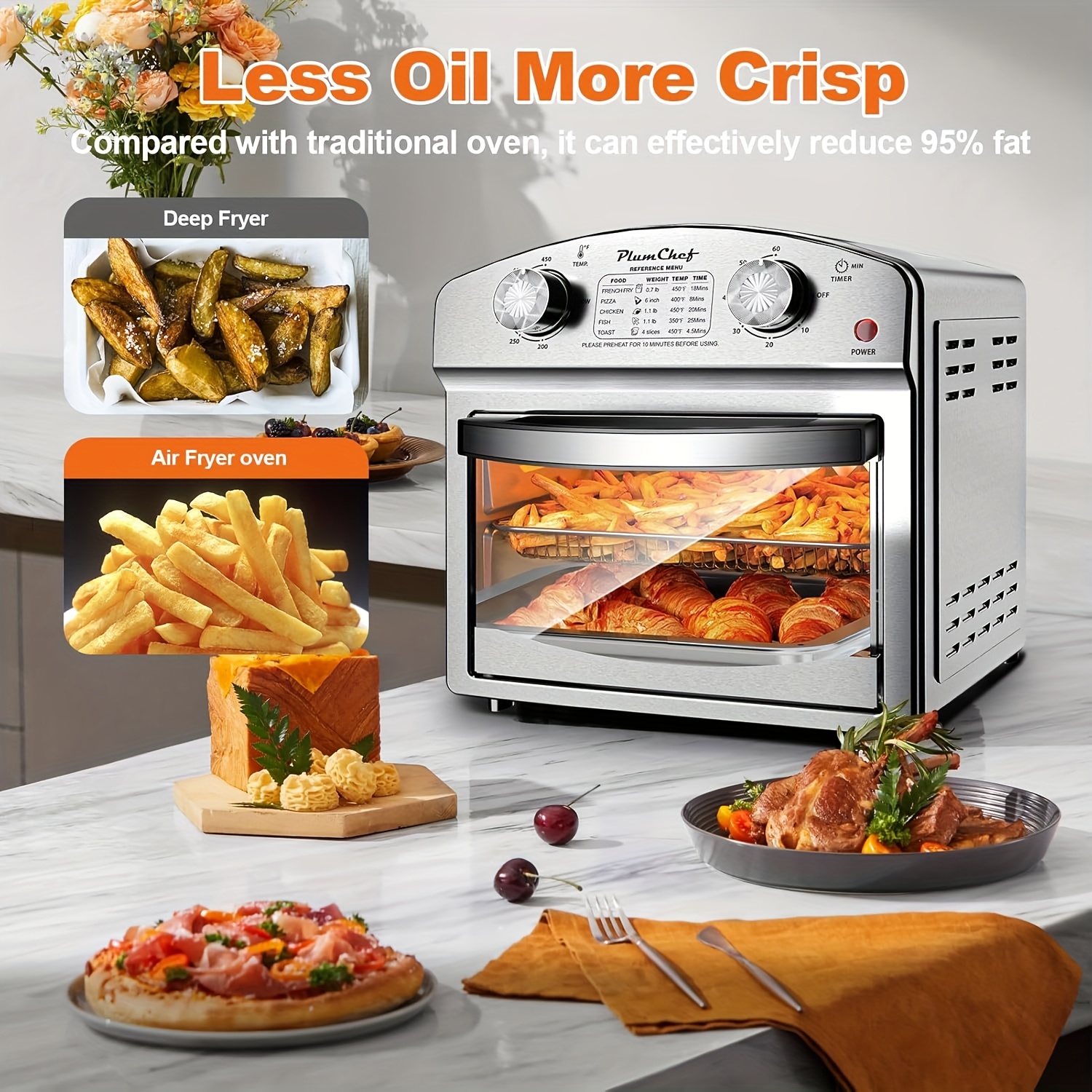 

Plumchef 13 Quart 4 Slices Air Fryer Convection Toaster Oven With Reference Menu, 1500w, 7 In 1 Multifunction With Roast, Bake, Grill, , Toast, Dehydrate, ,