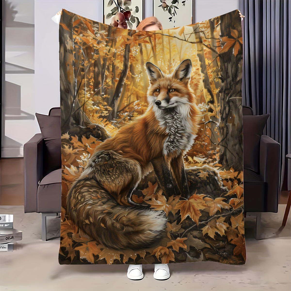 

Fox In Flannel Blanket, Printed , For Sofa, Bed, , , , Theme Blanket