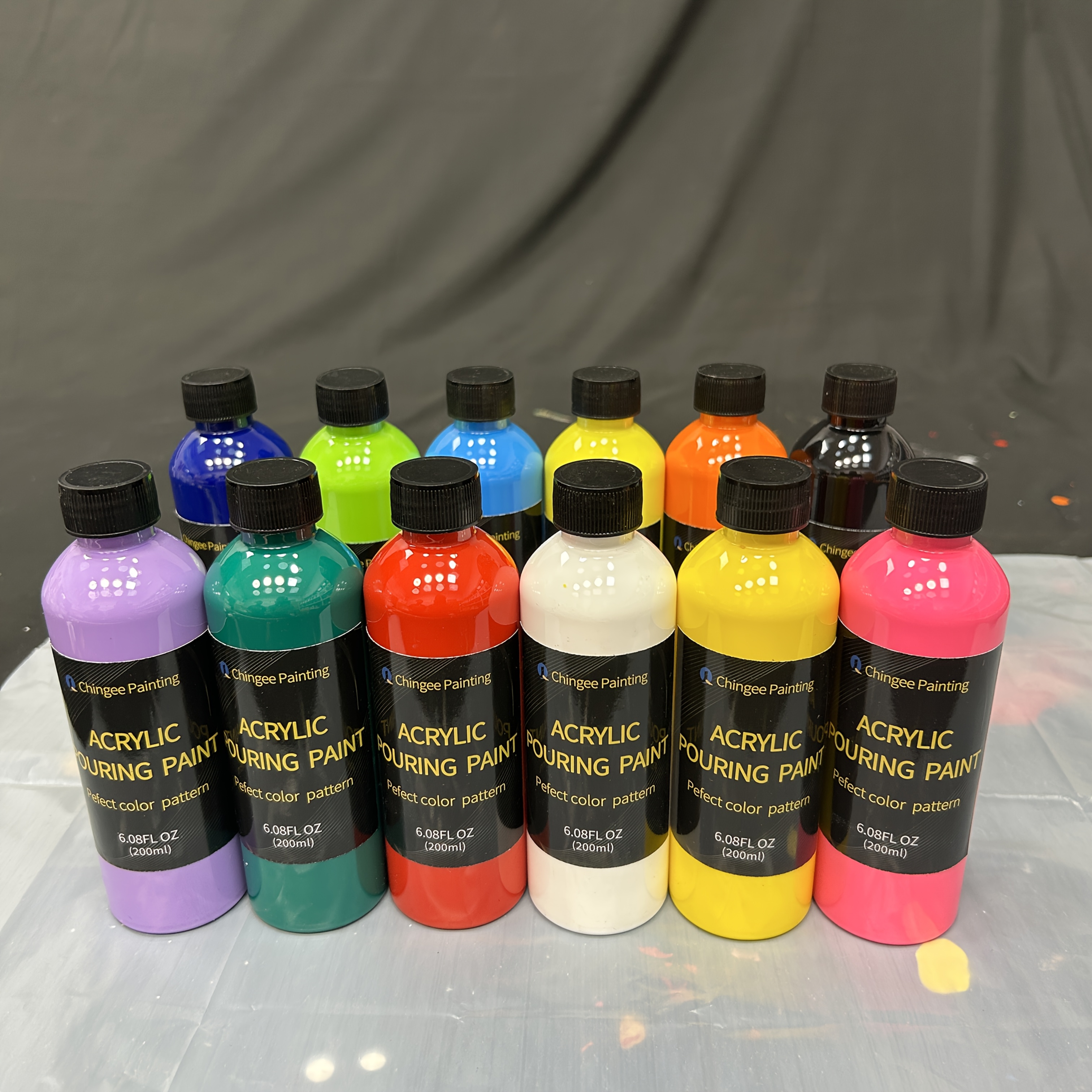 TEMU 12 Colors Acrylic Paint Set For Adults - Pre-mixed Liquid Paints, Ready-to-pour With 6.76oz Bottles, Vibrant For Multi-surface Art On Canvas,