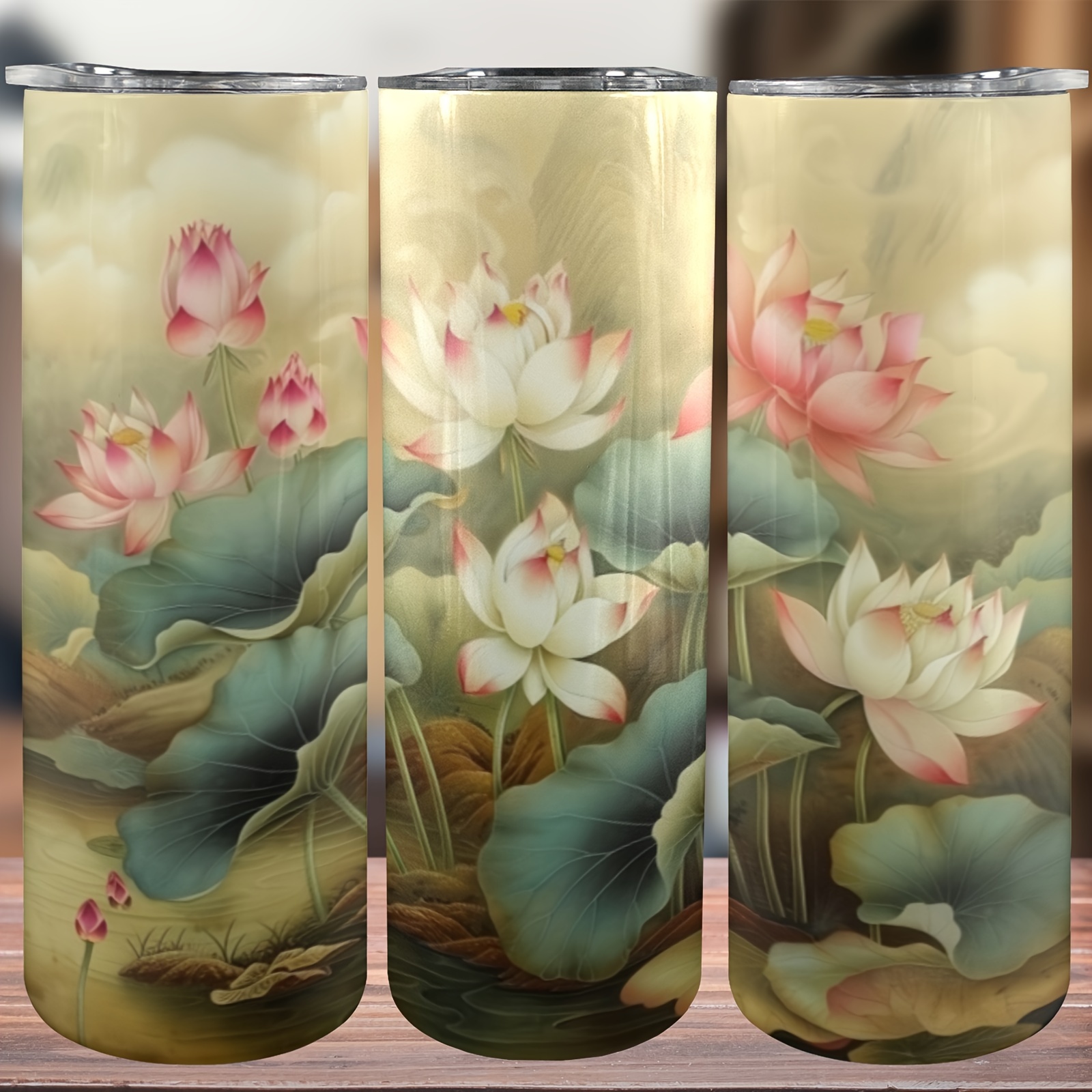 

20oz Stainless Steel Tumbler, Lotus Print, Double-wall Vacuum Insulated Travel Mug, Washable, No Assembly Required, Gift For Parents, Relatives, And Friends - 1 Piece