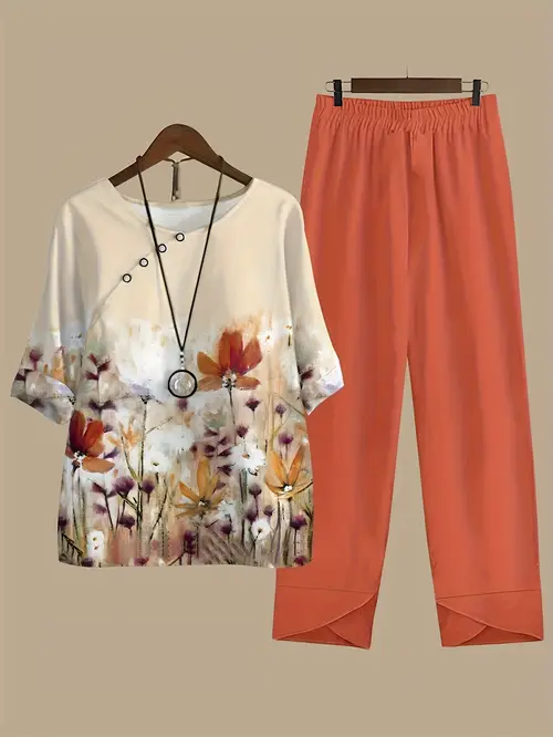 stylish womens casual elegant suit short sleeve floral print top and trouser set suitable for vacation outing