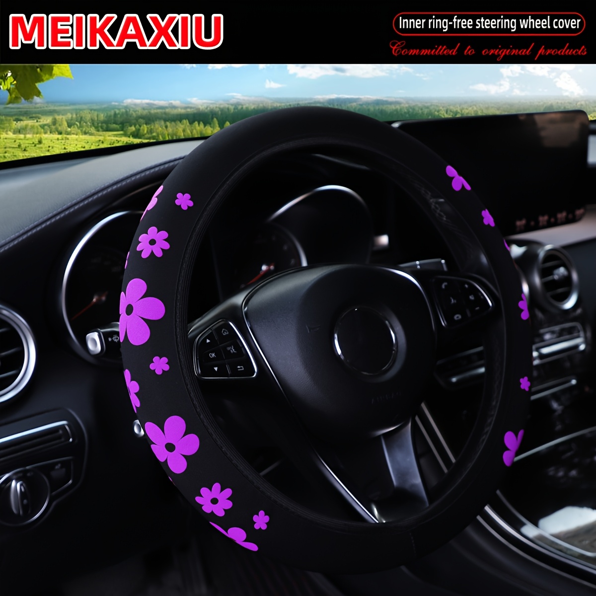 TEMU Bequeme, elastische Auto Lenkradabdeckung für Damen, aus Neopren mit 3D Schaumstoff Blumenmuster, ohne Innenringstruktur, Universelle Passform