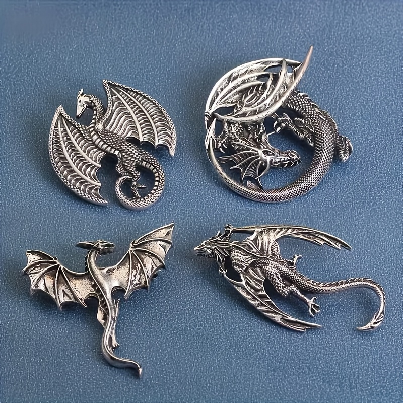 Image of 4-pack Retro Classic Viking Style Dragon Brooch, Men's Hip Hop Trendy Punk Jewelry Gift Additions, Suitable For Daily Wear, Ideal Holiday Gift