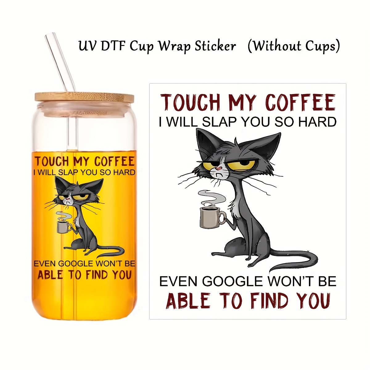 TEMU Humorous Cat-themed Uv Dtf Transfer Sticker - High-quality Pvc, Perfect For Diy Crafts, Glassware & Mugs